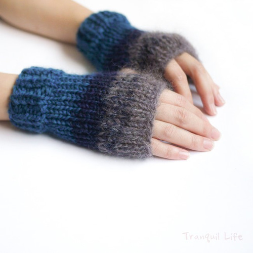handmade♡指なしミトン メリノウールとモヘアのふわふわ指なしミトン ブルーミックス ハンド
