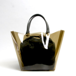 PVCクリア スクエア ミニ・トートバッグ × フリル巾着ポーチ ブラウン 2枚目の画像