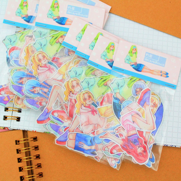 女の子手描き水彩ステッカー6枚（売り切れ） 5枚目の画像