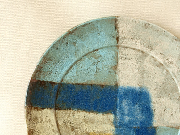 大皿Ａ　 カラフル　青　水色　オレンジ　陶器　　23ｃｍ 2枚目の画像