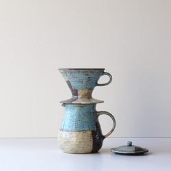 コーヒードリッパー＆ピッチャー　 ブルー×グリーン　陶器　 1枚目の画像