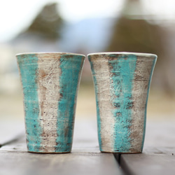 フリーカップ　ストライプ　ブルー　水色　ビアカップ　陶器　　 2枚目の画像