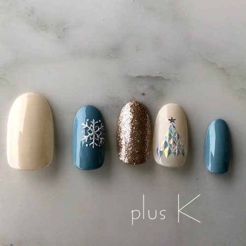 24】クリスマスネイル☆雪の結晶☆くすみブルー☆クリスマスツリー  