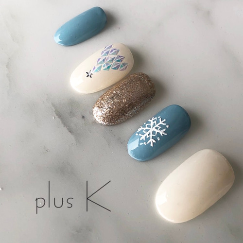 24】クリスマスネイル☆雪の結晶☆くすみブルー☆クリスマスツリー  