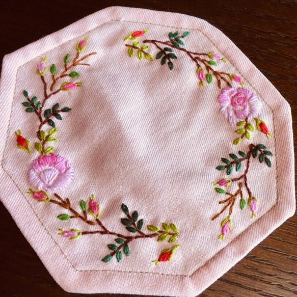 桃色八角形  薔薇の刺繍3枚組 3枚目の画像