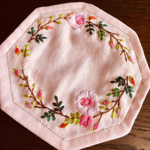 桃色八角形  薔薇の刺繍3枚組 8枚目の画像