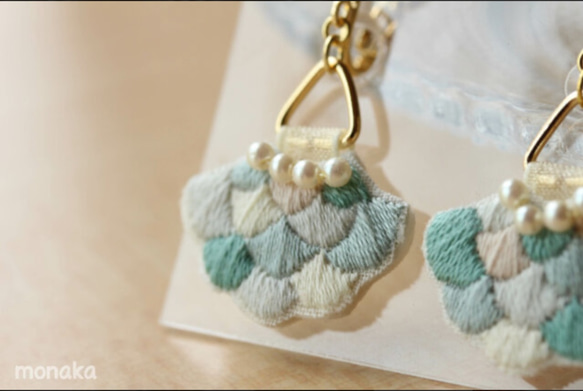 人魚姫の刺繍イヤリング＆ピアス 2枚目の画像