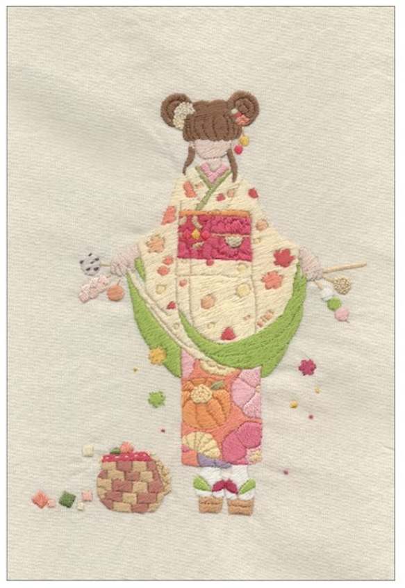 手刺繍イラストポストカード４枚入り　【和菓子姫】 1枚目の画像