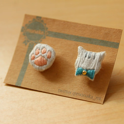 にゃんことにくきゅうの刺繍ピアス 3枚目の画像