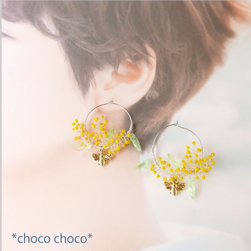 ミモザとミツバチのピアス ピアス（フープ） *choco choco* 通販