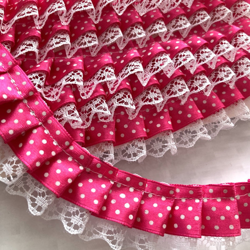 malapaレース☆30mmサテンフリルレース☆水玉濃ピンク☆50cm レース 