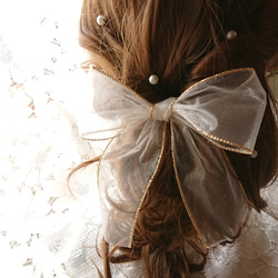 ヘッドドレス パールピン リボン オーガンジー 成人式 結婚式 1枚目の画像