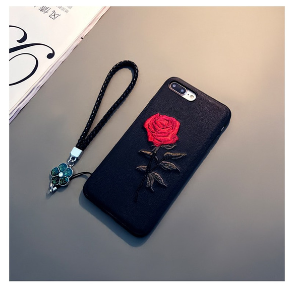 バラ刺繍 ストラップ付で便利 iphoneケース 6/7/8/6+/7+/8+/X/XS/XSMAX/XR 3枚目の画像