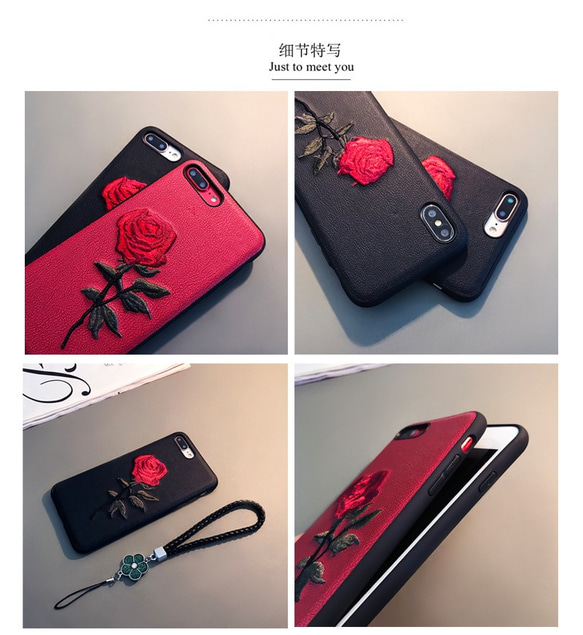 バラ刺繍 ストラップ付で便利 iphoneケース 6/7/8/6+/7+/8+/X/XS/XSMAX/XR 8枚目の画像
