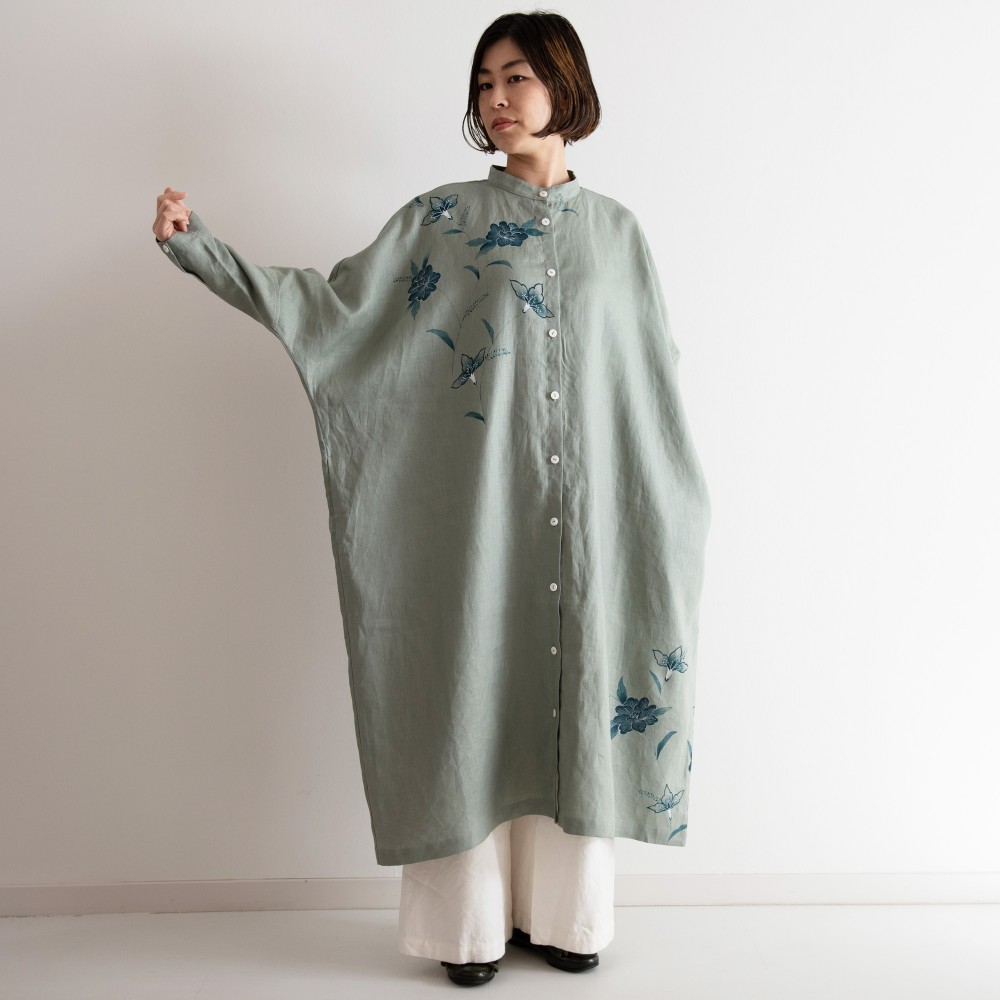 スタンドカラーシャツドレス　更紗・牡丹