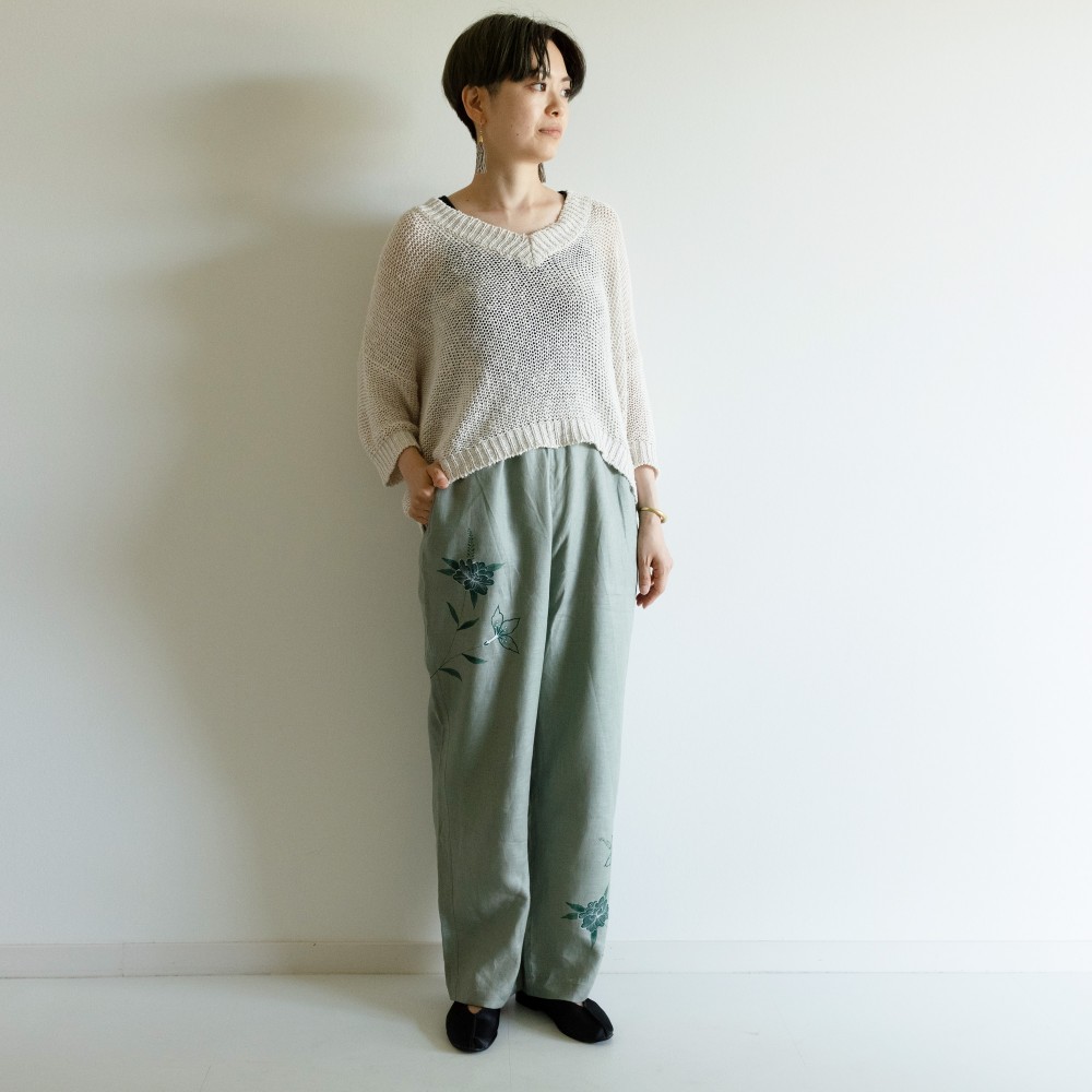 リネンテーパードパンツ　更紗・牡丹