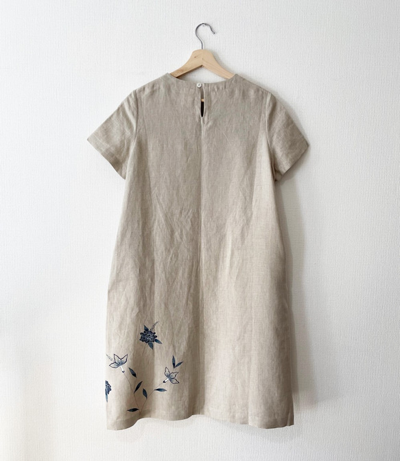 [手繪] Chintz 牡丹/亞麻/短袖連衣裙米色 第4張的照片
