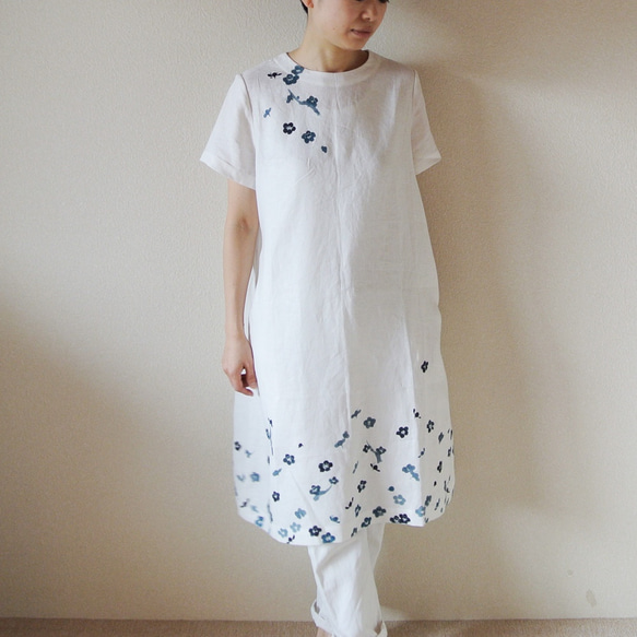 亞麻/短袖連衣裙白色&lt;Ome&gt; 第5張的照片