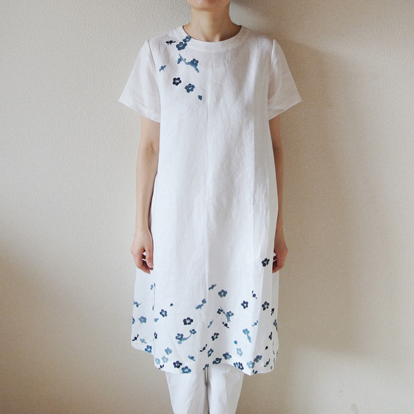 亞麻/短袖連衣裙白色&lt;Ome&gt; 第4張的照片