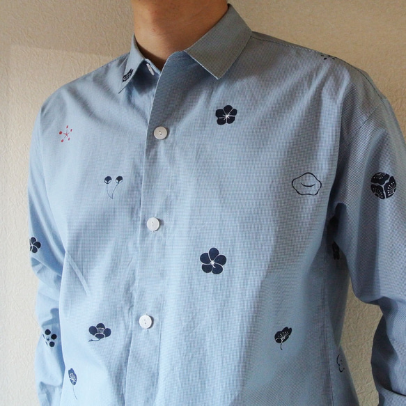 男士格子格紋襯衫淺藍色 第2張的照片