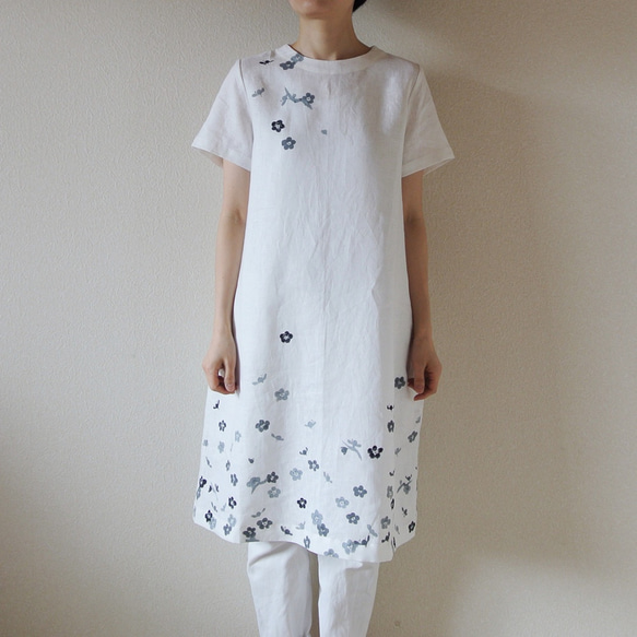 亞麻·短袖連衣裙白色 第1張的照片