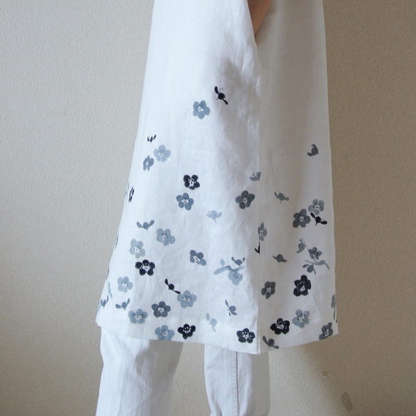 亞麻·短袖連衣裙白色 第3張的照片
