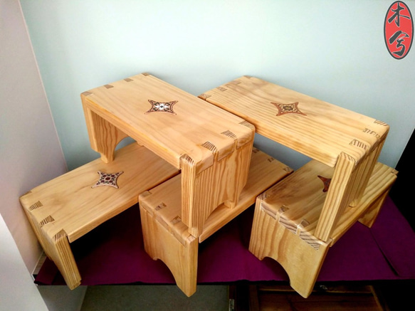 鑲花磚‧鳩尾榫矮凳(紐西蘭松木)--D款 第3張的照片