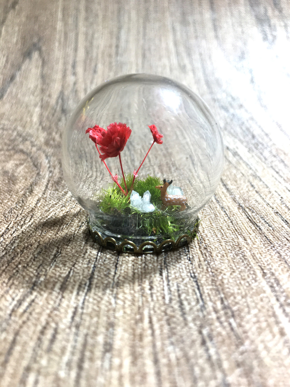 水晶と赤い花のガラスドーム 2枚目の画像