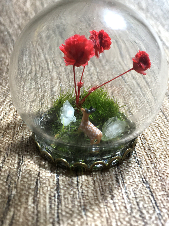 水晶と赤い花のガラスドーム 3枚目の画像