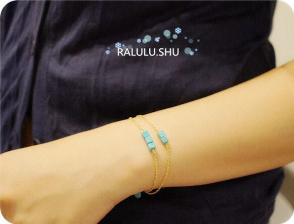 再再販【RALULU.SHU】 キューブ ターコイズ（トルコ石） ダブルチェーン ハピネス ブレスレット可 1枚目の画像