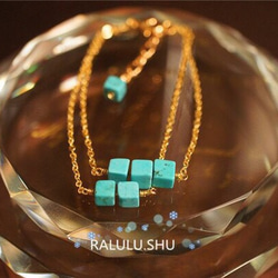 再再販【RALULU.SHU】 キューブ ターコイズ（トルコ石） ダブルチェーン ハピネス ブレスレット可 3枚目の画像