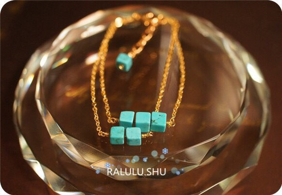 再再販【RALULU.SHU】 キューブ ターコイズ（トルコ石） ダブルチェーン ハピネス ブレスレット可 3枚目の画像
