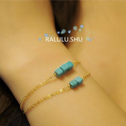 再再販【RALULU.SHU】 キューブ ターコイズ（トルコ石） ダブルチェーン ハピネス ブレスレット可 5枚目の画像