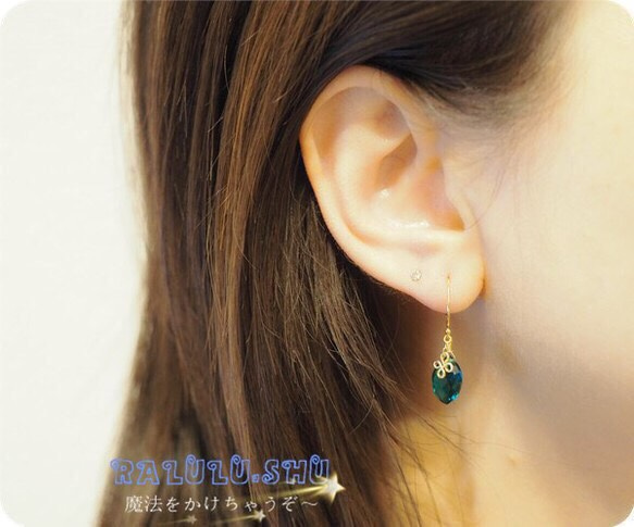 14K注金製綠色石英晶耳針/可變更為夾式耳環 第4張的照片