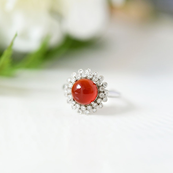 絆 子宝 情熱 恋愛成就を象徴する石 レッドアゲートとジルコニアのフラワー指輪 リング 1月誕生石 1枚目の画像