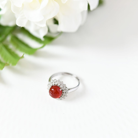 絆 子宝 情熱 恋愛成就を象徴する石 レッドアゲートとジルコニアのフラワー指輪 リング 1月誕生石 4枚目の画像