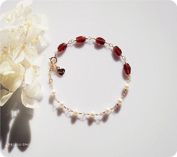 14KGF  ガーネットとパールの ブレスレット 1月誕生石