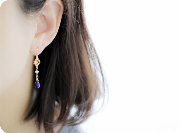 12月生日石「水滴青金石&蕾絲珍珠」耳環/可改無耳洞夾式耳環 第1張的照片