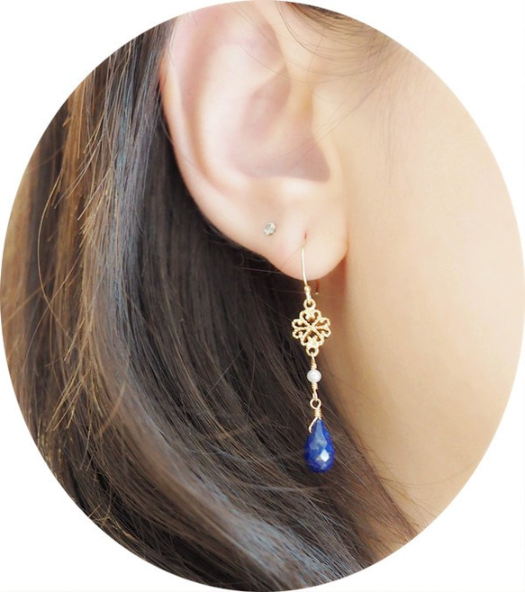 12月生日石「水滴青金石&蕾絲珍珠」耳環/可改無耳洞夾式耳環 第4張的照片