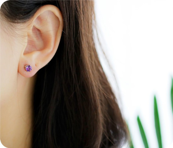 純銀925製紫水晶直針式耳針5mm 第4張的照片