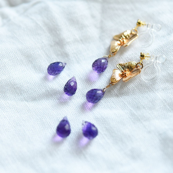 愛の守護石 アメジストのフラワーノンホールピアス　2月誕生石 4枚目の画像