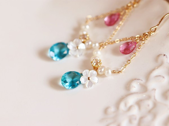 Original Shell Blue / Pink Quartz Pearl Earrings / Earrings Poss 第2張的照片