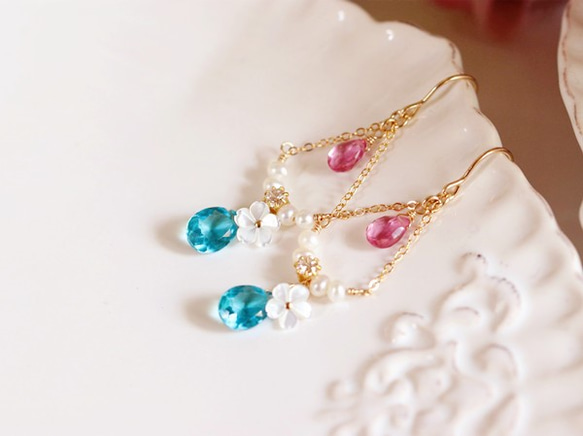 Original Shell Blue / Pink Quartz Pearl Earrings / Earrings Poss 第1張的照片