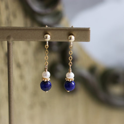 祝您好運成功UP Lapis Lazuli和珍珠雙胞胎耳環12月誕生石 第4張的照片