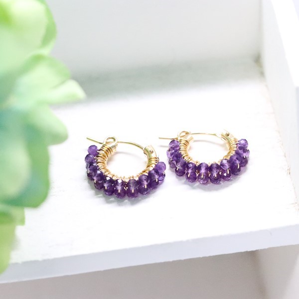 恋愛成就 愛の守護石 アメジストの2連フープピアス イヤリング変更可　2月誕生石