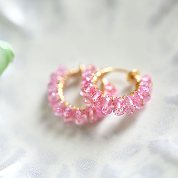 櫻桃耳環粉色托帕石雙圈耳環11月誕生石 第2張的照片