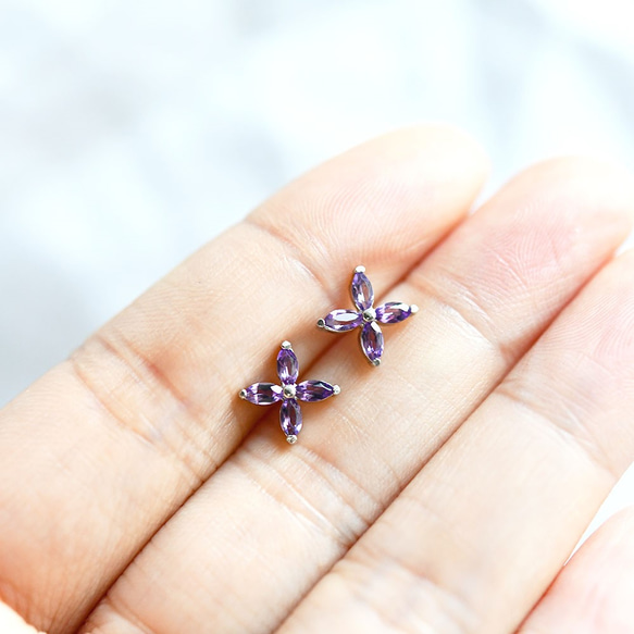 愛情的守護石紫水晶花耳釘耳環二月誕生石 第4張的照片