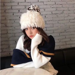 ふわふわオシャレ アンゴララビットファー ポンポン付きニット帽 3色