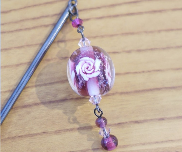 とんぼ玉のかんざし　薔薇ピンク 3枚目の画像