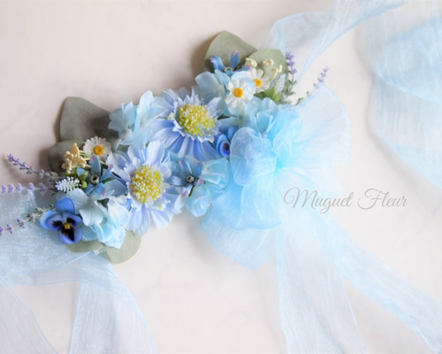 花柄 ビビッドブルー リボン サッシュベルト W70〜100cm水色 71005 3_ef4c476ee56def4118f54adbee8f